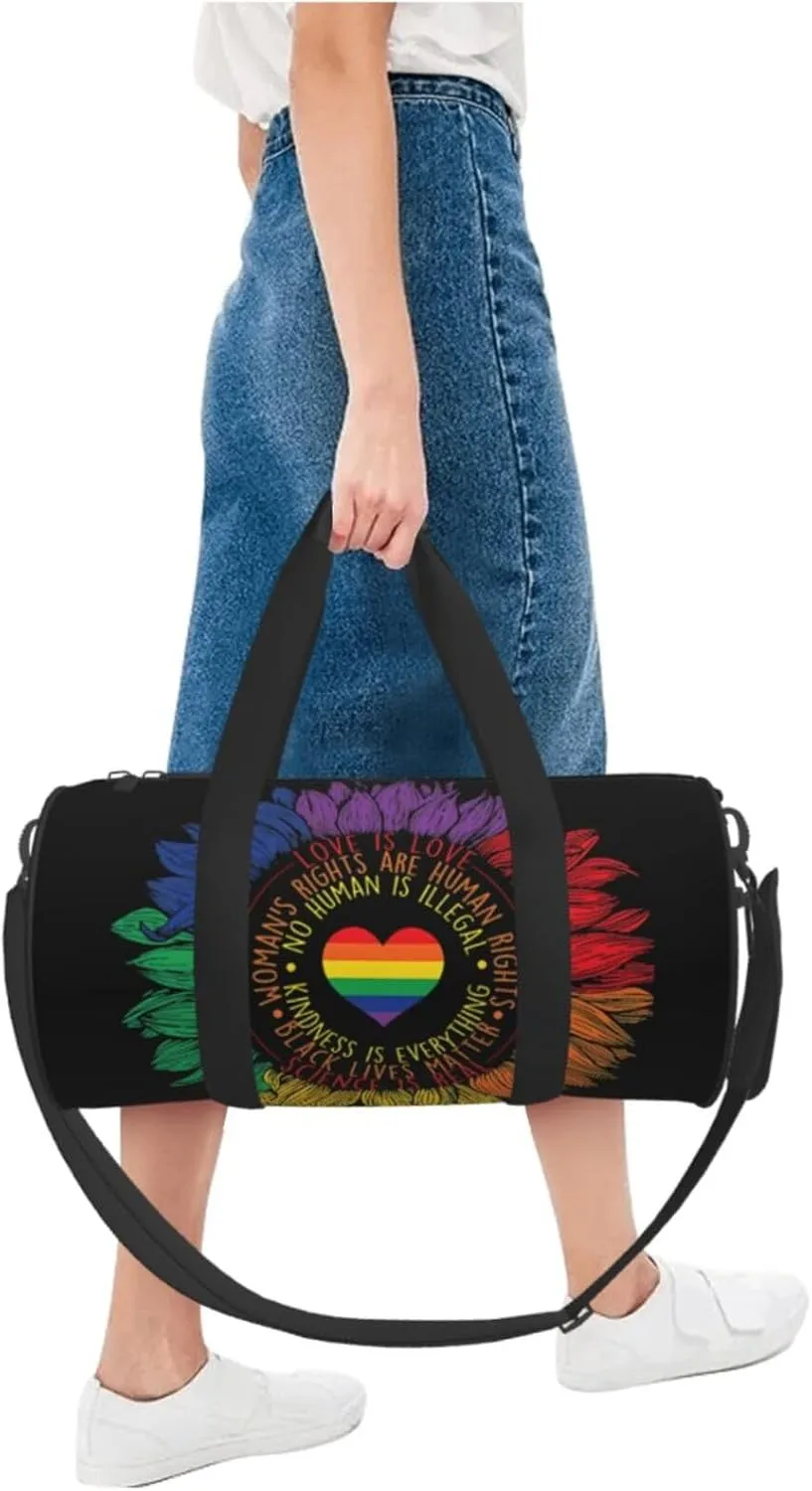 LGBT Pride Rainbow Gay Sunflower Science Is Real Love Is Love Round Travel Duffel Bag Large Capacity Gym Sports Bags for Hiking Vacation Trips