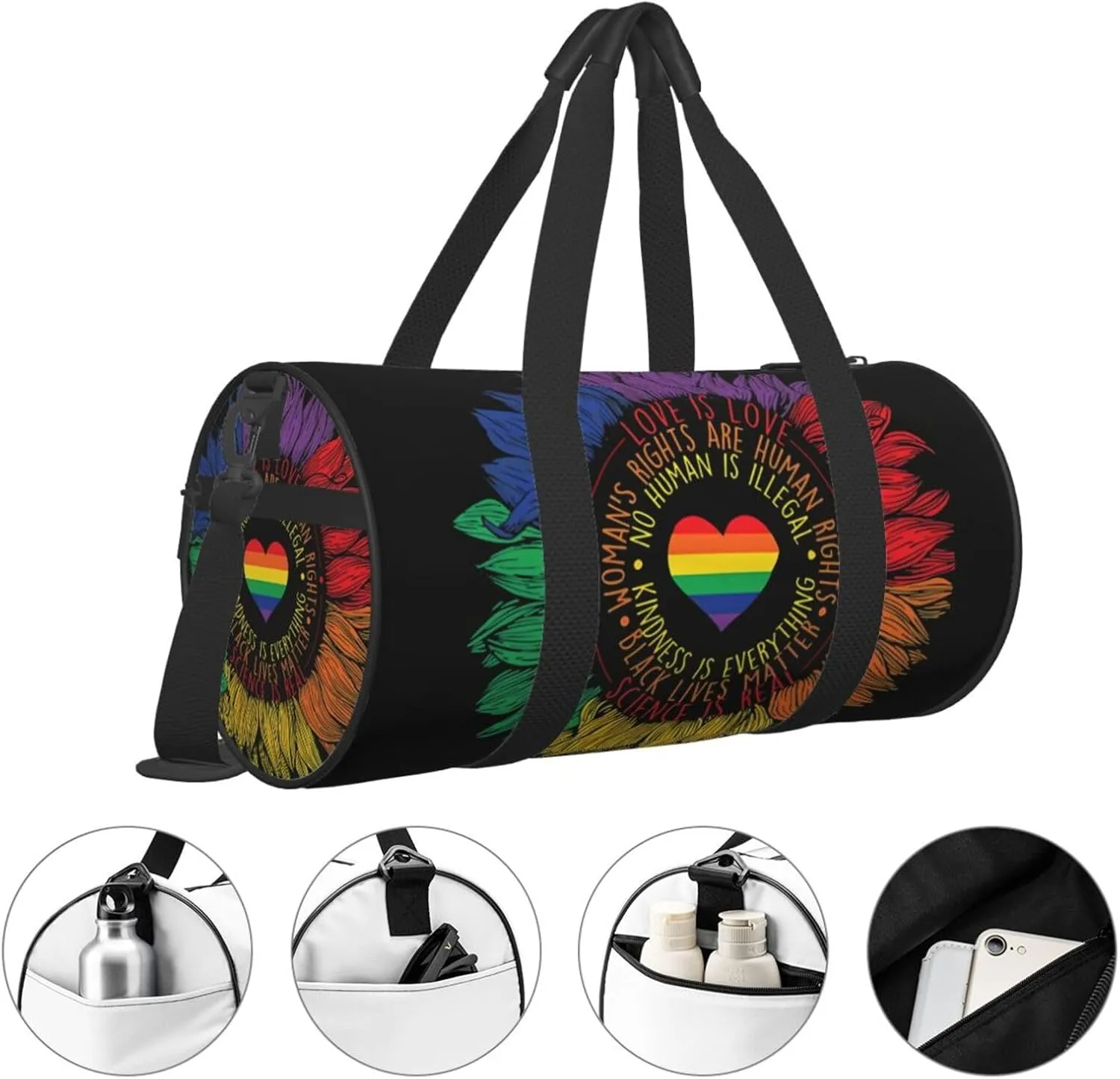 LGBT Pride Rainbow Gay Sunflower Science Is Real Love Is Love Round Travel Duffel Bag Large Capacity Gym Sports Bags for Hiking Vacation Trips