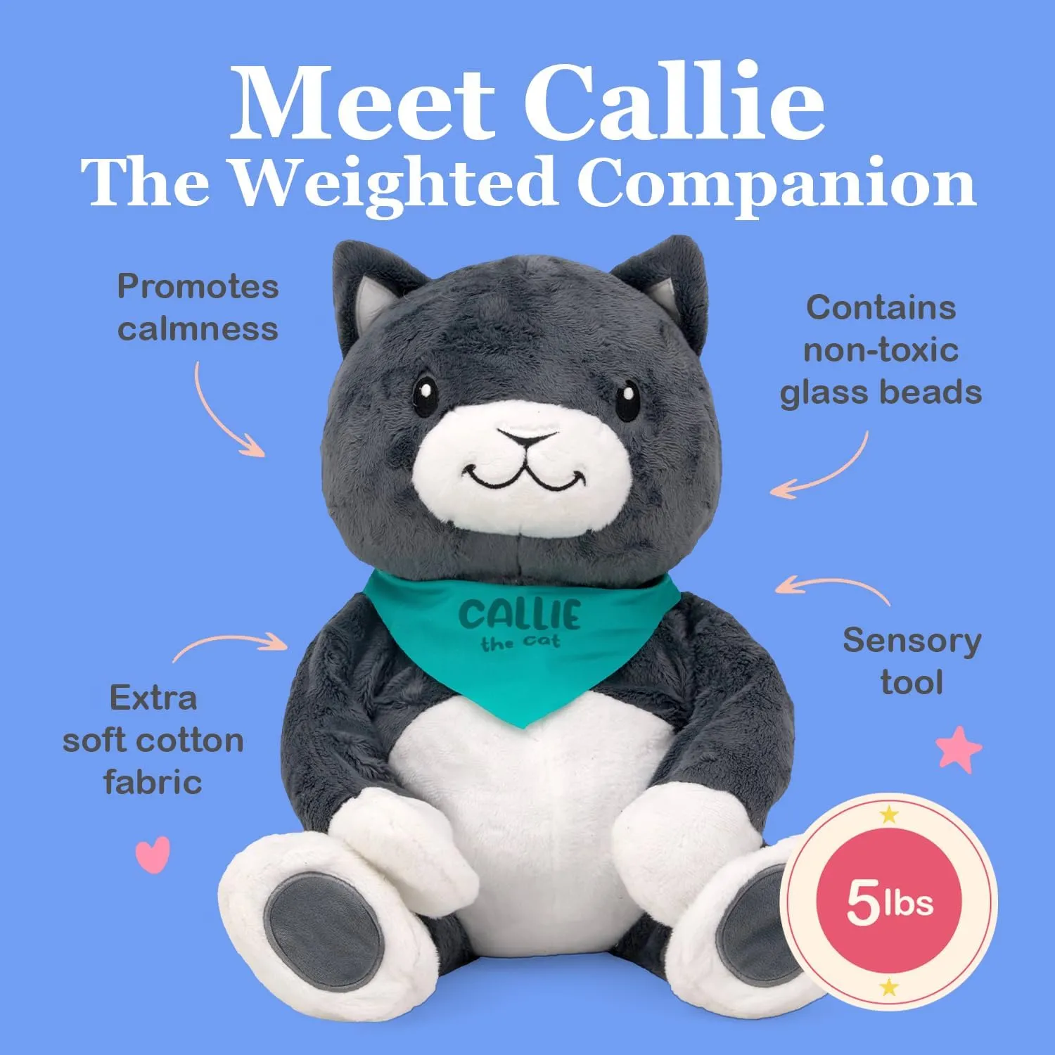 Lilly's Love Weighted Stuffed Animal, 5lb | Sensory Weighted Plush for Kids and Adults | Machine Washable Plushies w/Removable Inner | Calming Weighted Stuffed Animals for Anxiety, Callie The Cat