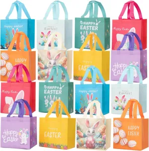 Linelglobal Easter Gift Bag with Handle Happy Easter Non-Woven Bag for Kid Reusable Easter Tote Bag for Egg Hunt Bunny Carrot Chick 16 Pack