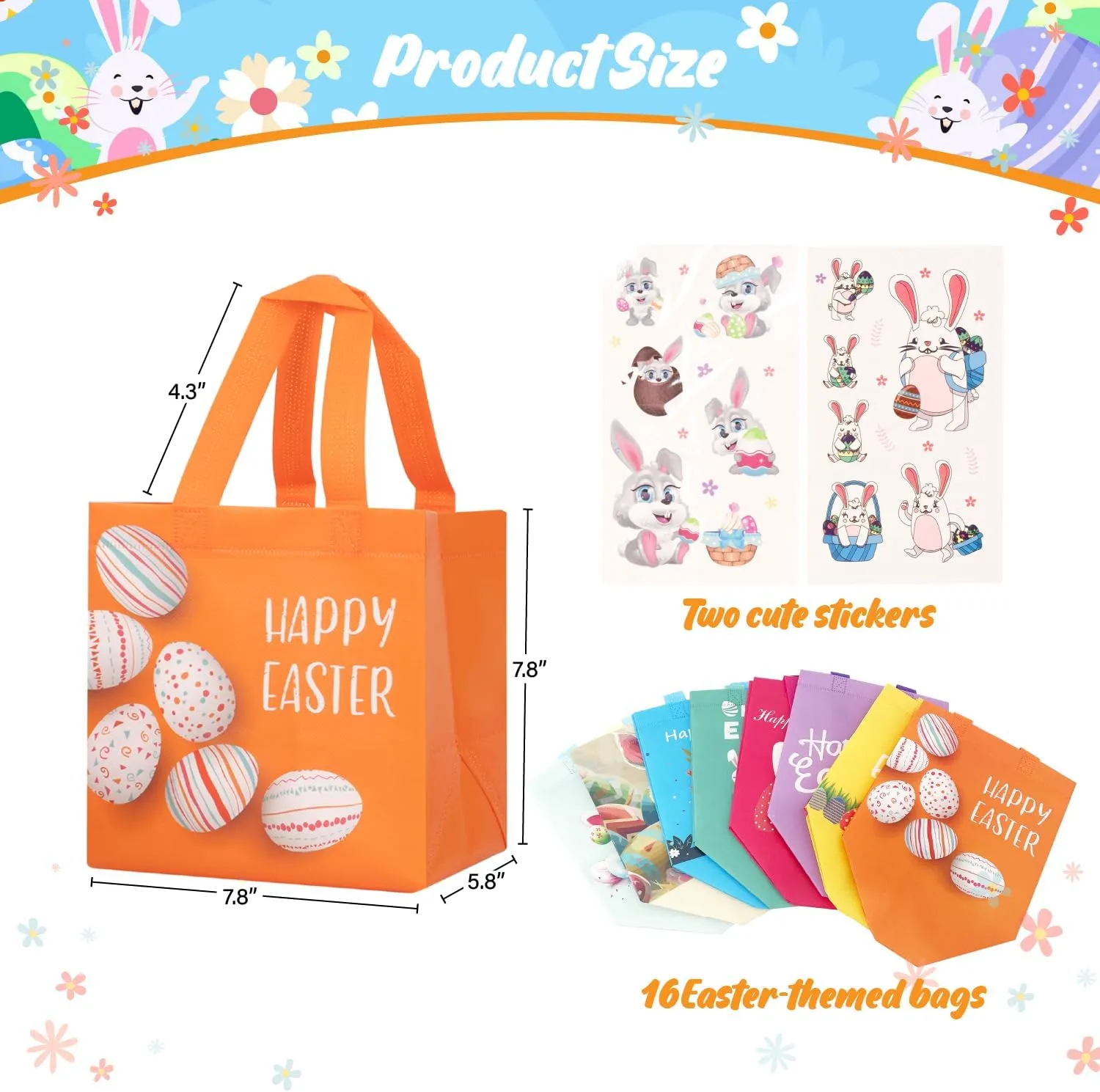 Linelglobal Easter Gift Bag with Handle Happy Easter Non-Woven Bag for Kid Reusable Easter Tote Bag for Egg Hunt Bunny Carrot Chick 16 Pack