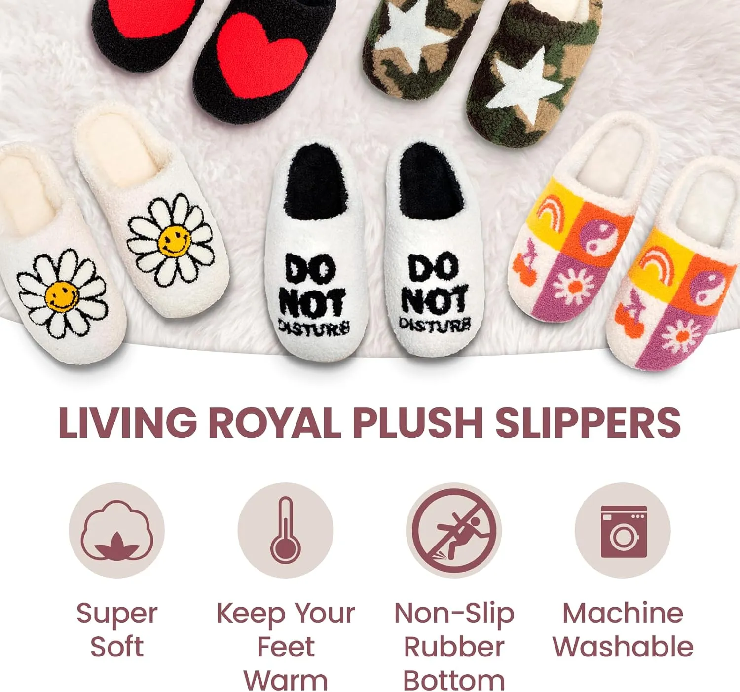 Living Royal Plush Slippers, Cozy Non-Slip Rubber Sole, Soft 100% Polyester, Silly Funny Comfortable Fuzzy Design