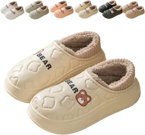 Loizziuy Bear Spring Winter Outdoor Slippers for women Home Anti-Slip Plush Backless Cotton-Padded Silent Waterproof Indoor Warm