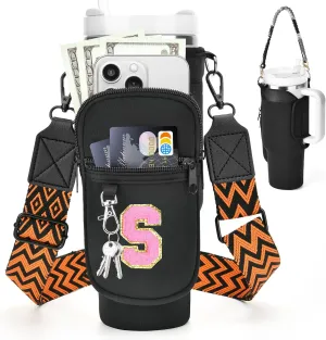 LOKASS Initial Water Bottle Holder with Strap for Stanley 40oz Tumbler Accessories, A-Z Personalized Water Bottle Carrier Bag with Phone Pocket for Stanley Cup Pouch