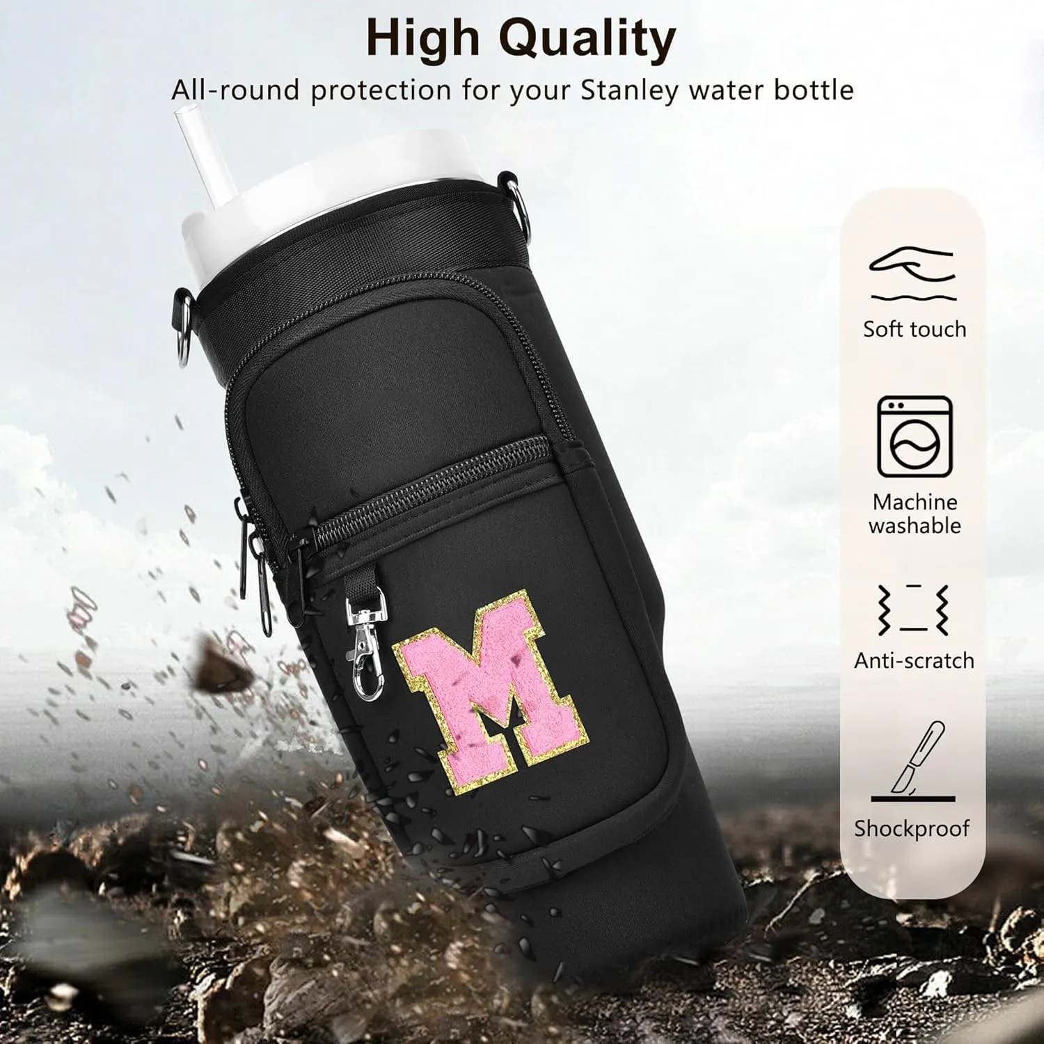LOKASS Initial Water Bottle Holder with Strap for Stanley 40oz Tumbler Accessories, A-Z Personalized Water Bottle Carrier Bag with Phone Pocket for Stanley Cup Pouch