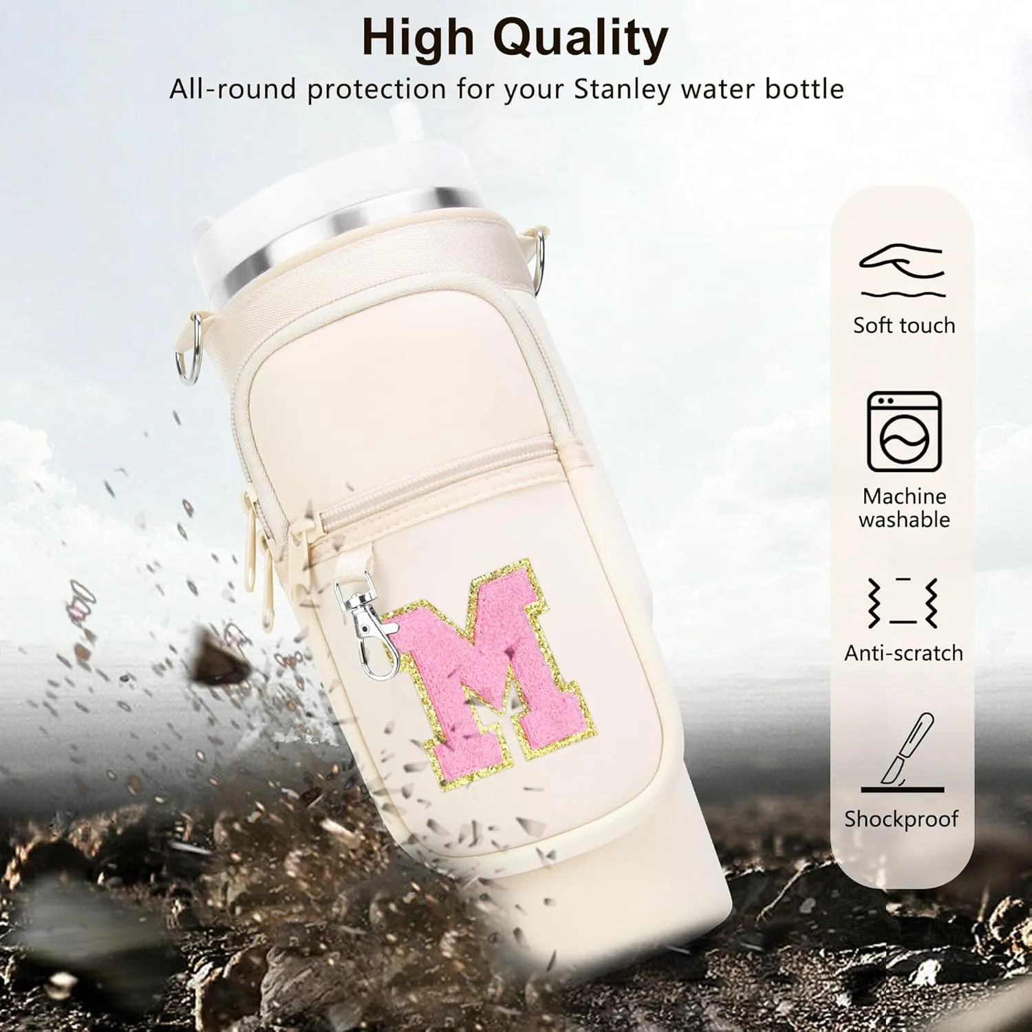 LOKASS Initial Water Bottle Holder with Strap for Stanley 40oz Tumbler Accessories, A-Z Personalized Water Bottle Carrier Bag with Phone Pocket for Stanley Cup Pouch
