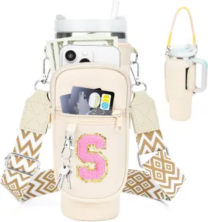 LOKASS Initial Water Bottle Holder with Strap for Stanley 40oz Tumbler Accessories, A-Z Personalized Water Bottle Carrier Bag with Phone Pocket for Stanley Cup Pouch