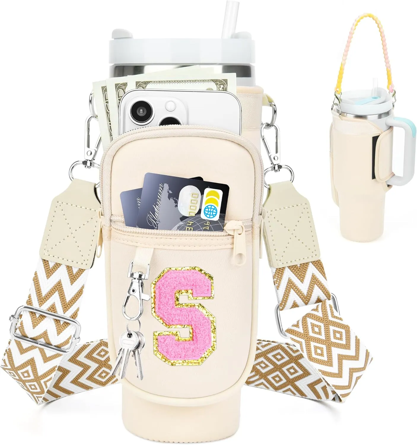 LOKASS Initial Water Bottle Holder with Strap for Stanley 40oz Tumbler Accessories, A-Z Personalized Water Bottle Carrier Bag with Phone Pocket for Stanley Cup Pouch
