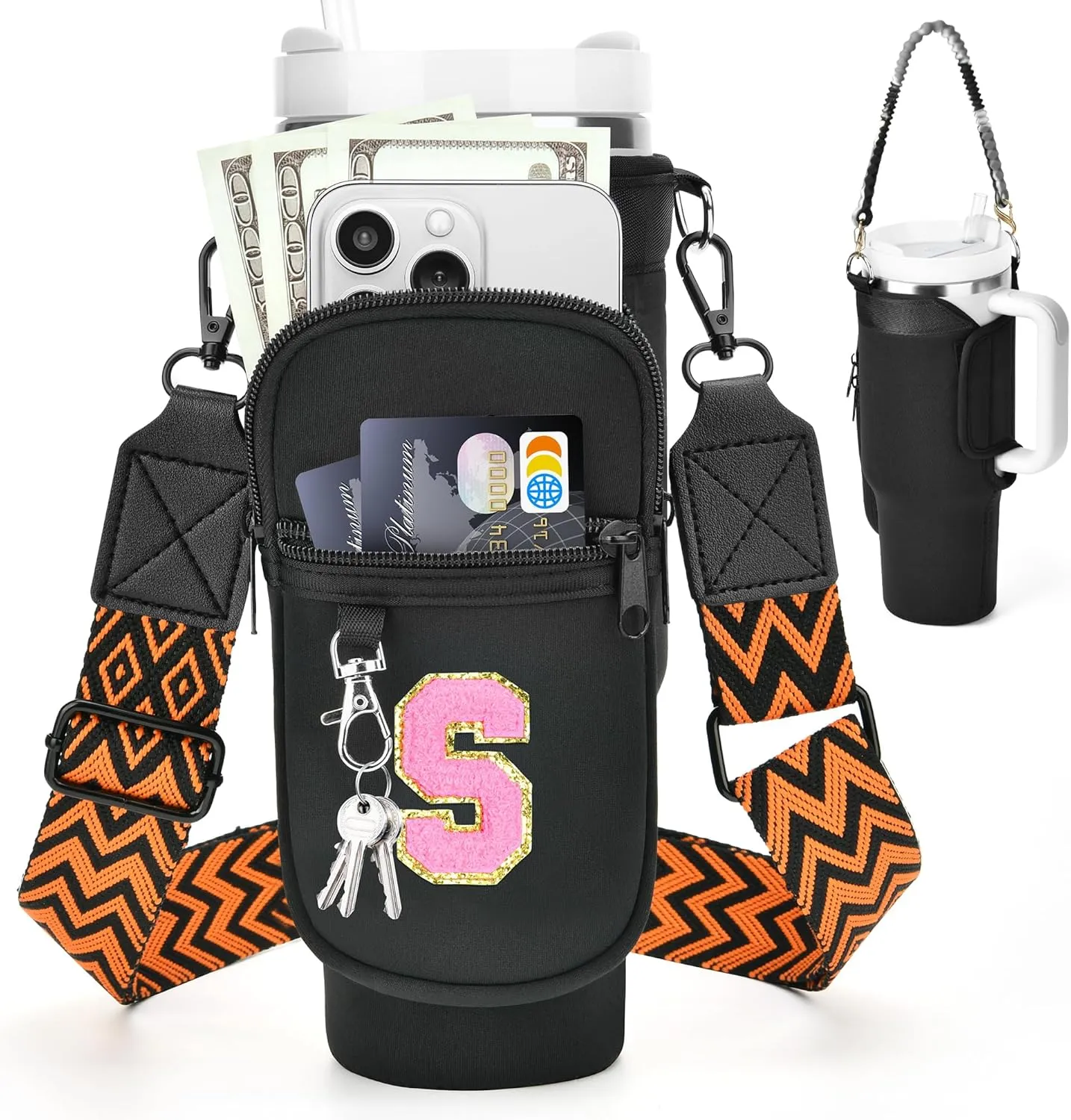 LOKASS Initial Water Bottle Holder with Strap for Stanley 40oz Tumbler Accessories, A-Z Personalized Water Bottle Carrier Bag with Phone Pocket for Stanley Cup Pouch