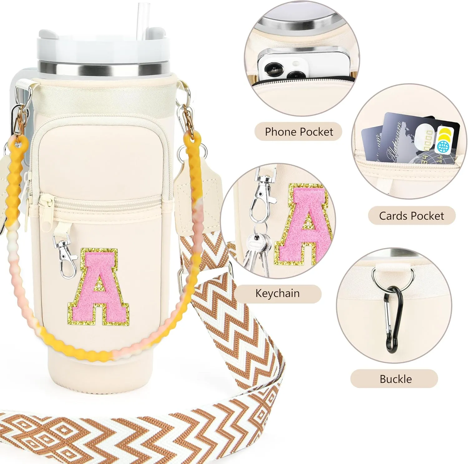 LOKASS Initial Water Bottle Holder with Strap for Stanley 40oz Tumbler Accessories, A-Z Personalized Water Bottle Carrier Bag with Phone Pocket for Stanley Cup Pouch