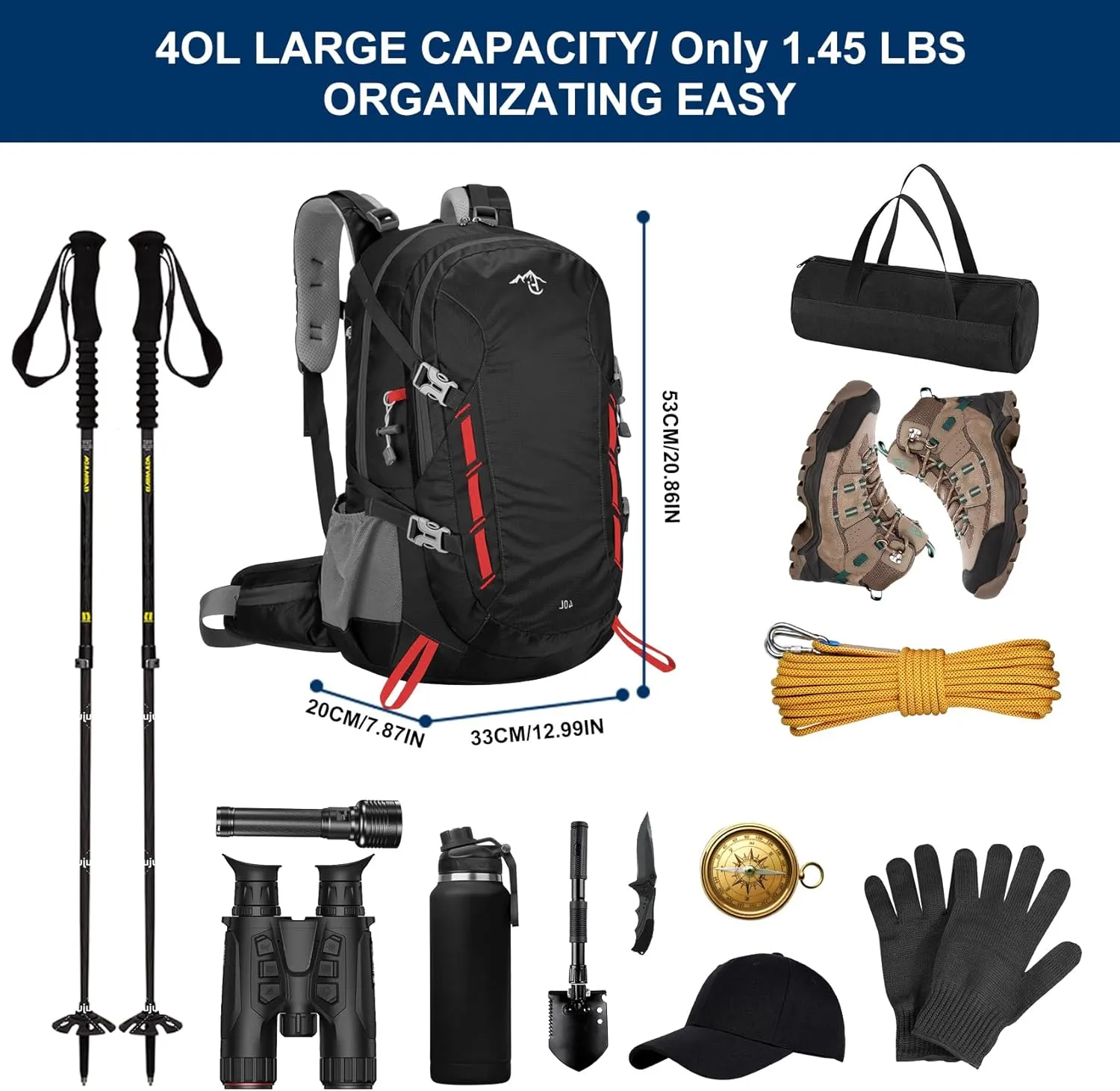 Long Keeper 40L Hiking Backpack Camping Daypack with Waterproof Rain Cover Lightweight Outdoor Sport Travel Backpack Rucksack (Black)