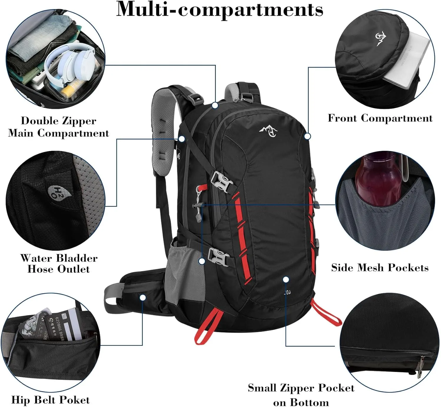 Long Keeper 40L Hiking Backpack Camping Daypack with Waterproof Rain Cover Lightweight Outdoor Sport Travel Backpack Rucksack (Black)
