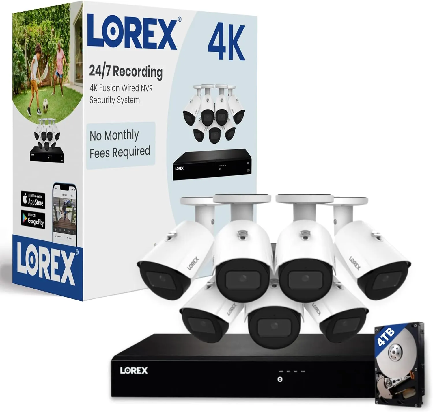 Lorex Fusion 4K PoE Outdoor/Indoor Smart Home Security Camera System, 4TB NVR, White - 7 Bullet IP Cameras, 16 Channel (Wired & Fusion WiFi) Surveillance, Color Night Vision, Smart Motion Detection