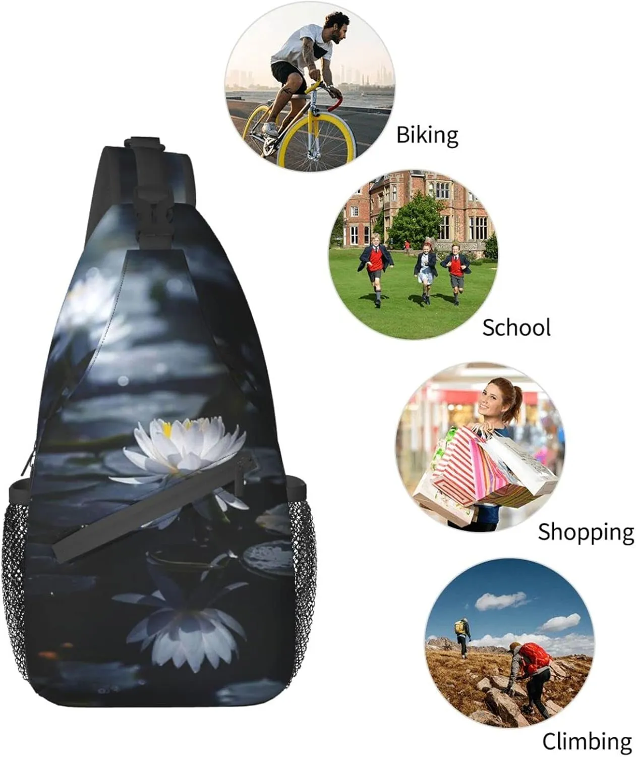 Lotus Flower Sling Bag Crossbody Chest Daypack Casual Backpack Flower Shoulder Bag For Travel Hiking Beach
