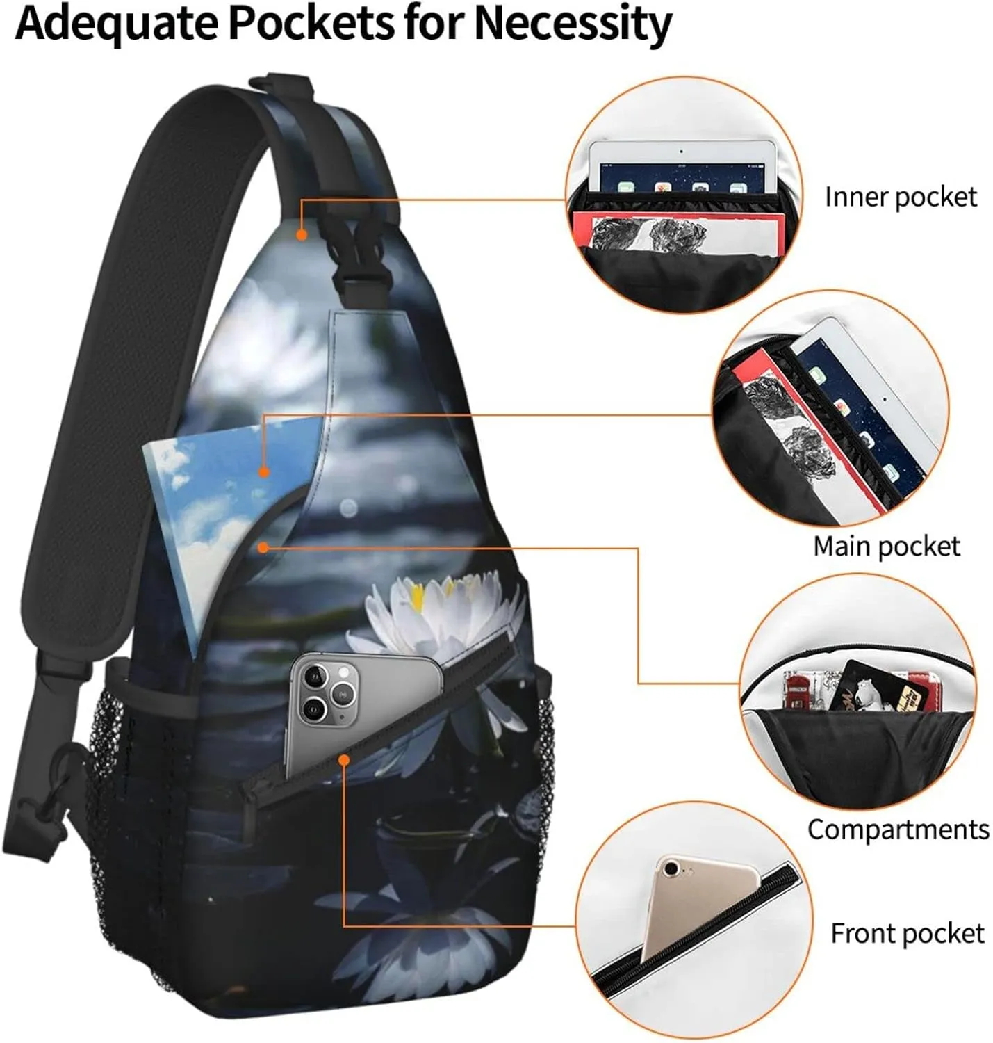 Lotus Flower Sling Bag Crossbody Chest Daypack Casual Backpack Flower Shoulder Bag For Travel Hiking Beach