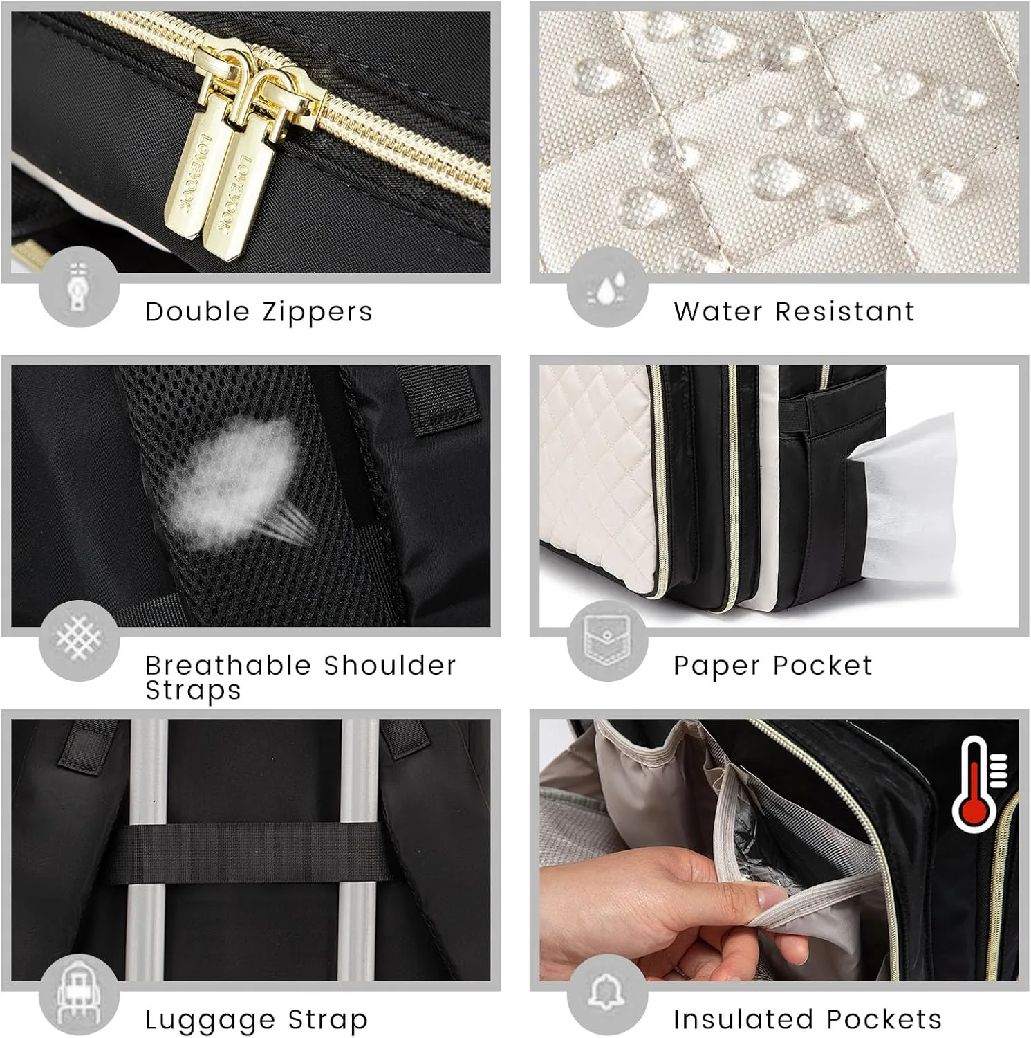 LOVEVOOK Baby Diaper Bag,Waterproof Diaper Backpack with USB Charging Port for Baby, Large Capacity Fit for 15.6 inch Laptop, Black White
