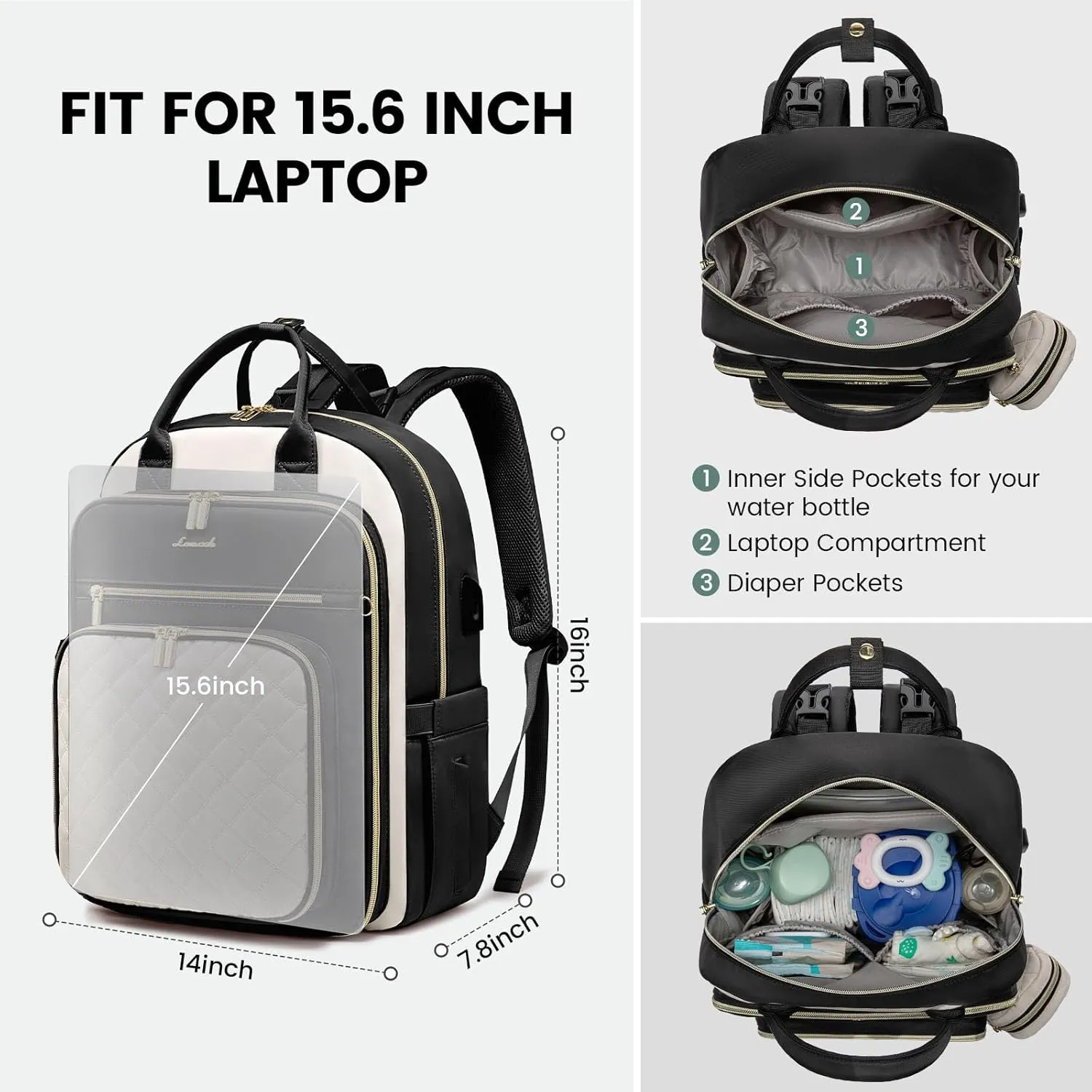 LOVEVOOK Baby Diaper Bag,Waterproof Diaper Backpack with USB Charging Port for Baby, Large Capacity Fit for 15.6 inch Laptop, Black White