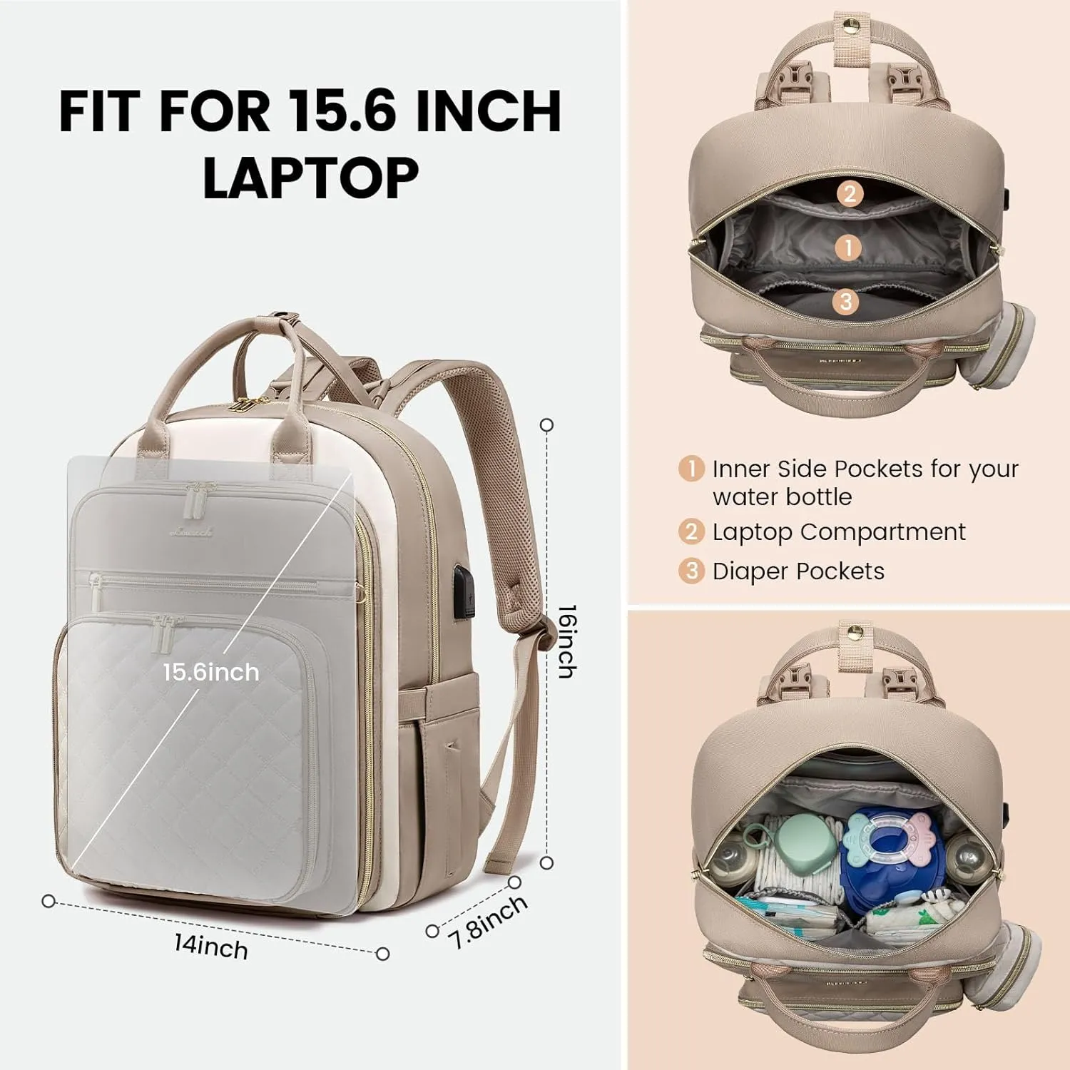 LOVEVOOK Baby Diaper Bag,Waterproof Diaper Backpack with USB Charging Port for Baby, Large Capacity Fit for 15.6 inch Laptop,Apricot