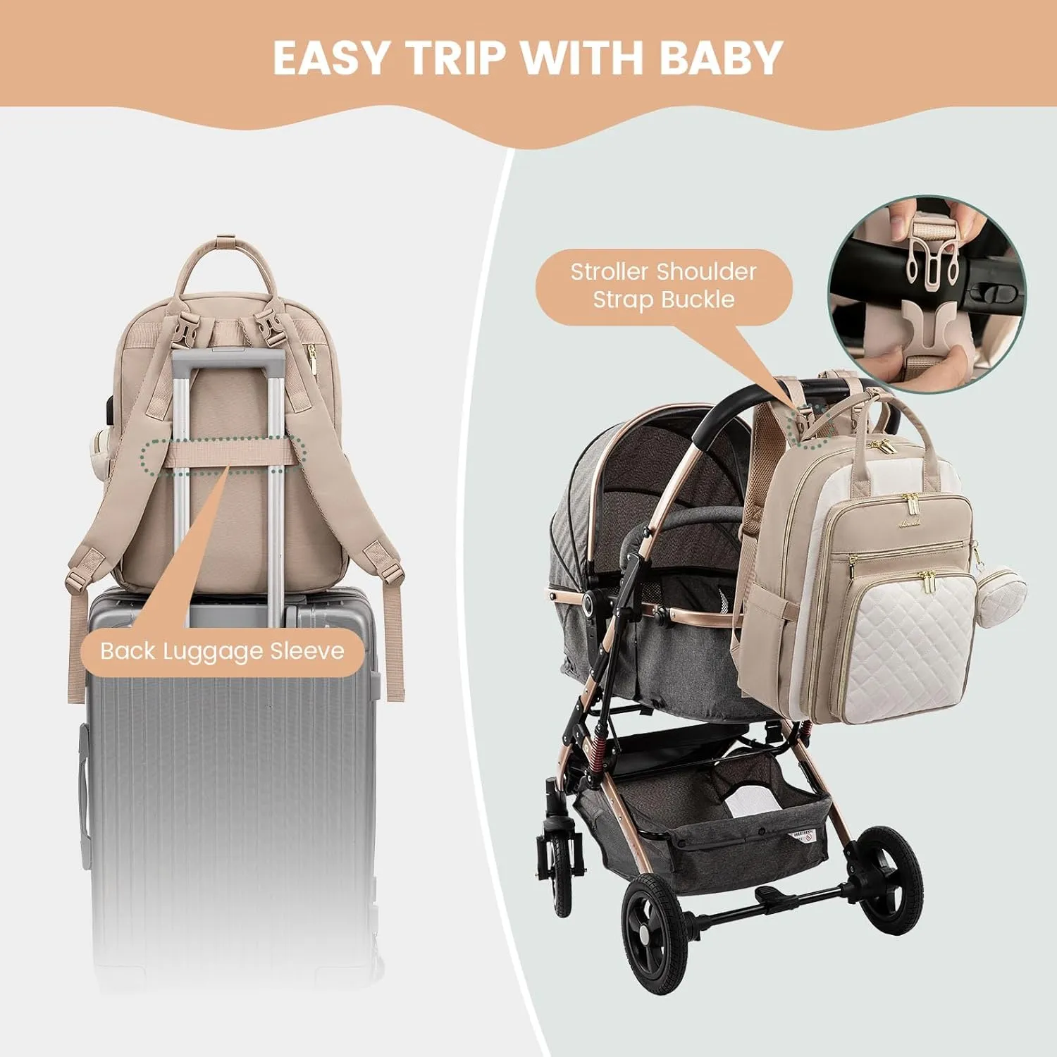 LOVEVOOK Baby Diaper Bag,Waterproof Diaper Backpack with USB Charging Port for Baby, Large Capacity Fit for 15.6 inch Laptop,Apricot