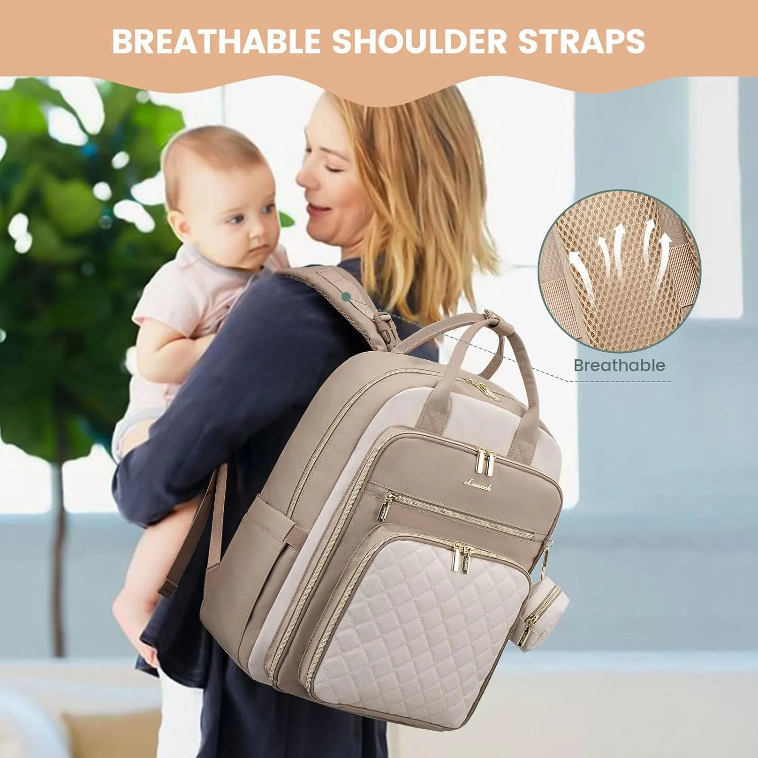 LOVEVOOK Baby Diaper Bag,Waterproof Diaper Backpack with USB Charging Port for Baby, Large Capacity Fit for 15.6 inch Laptop,Apricot