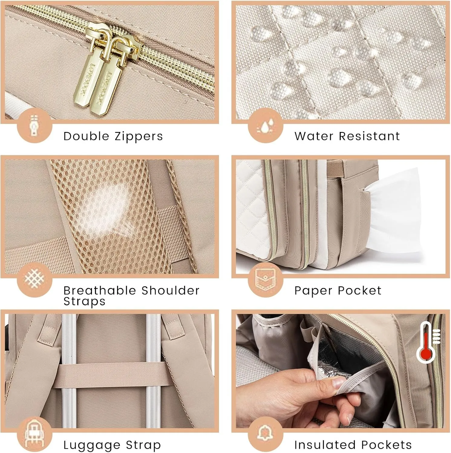 LOVEVOOK Baby Diaper Bag,Waterproof Diaper Backpack with USB Charging Port for Baby, Large Capacity Fit for 15.6 inch Laptop,Apricot