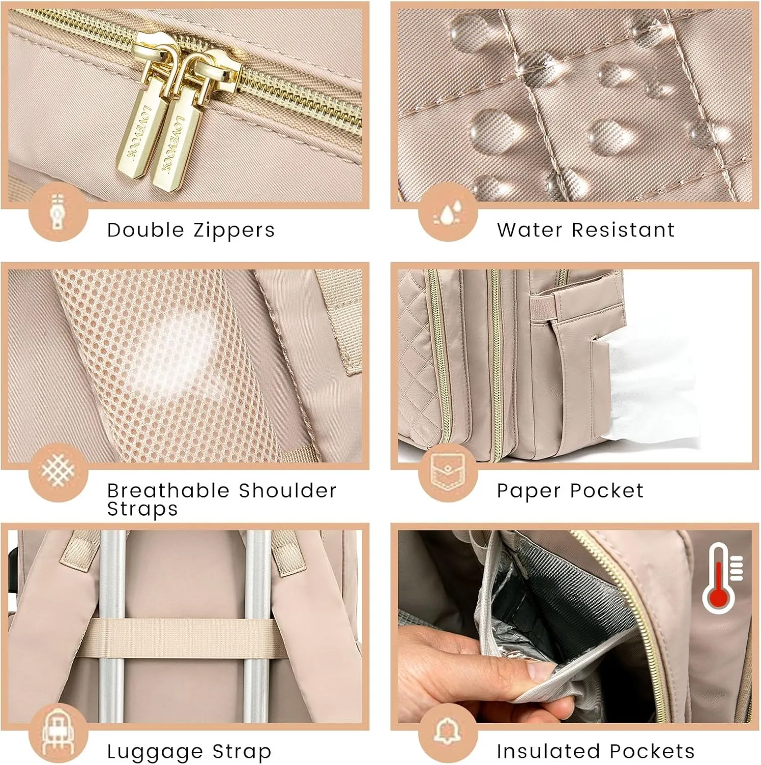 LOVEVOOK Baby Diaper Bag,Waterproof Diaper Backpack with USB Charging Port for Baby, Large Capacity Fit for 15.6 inch Laptop,Nude