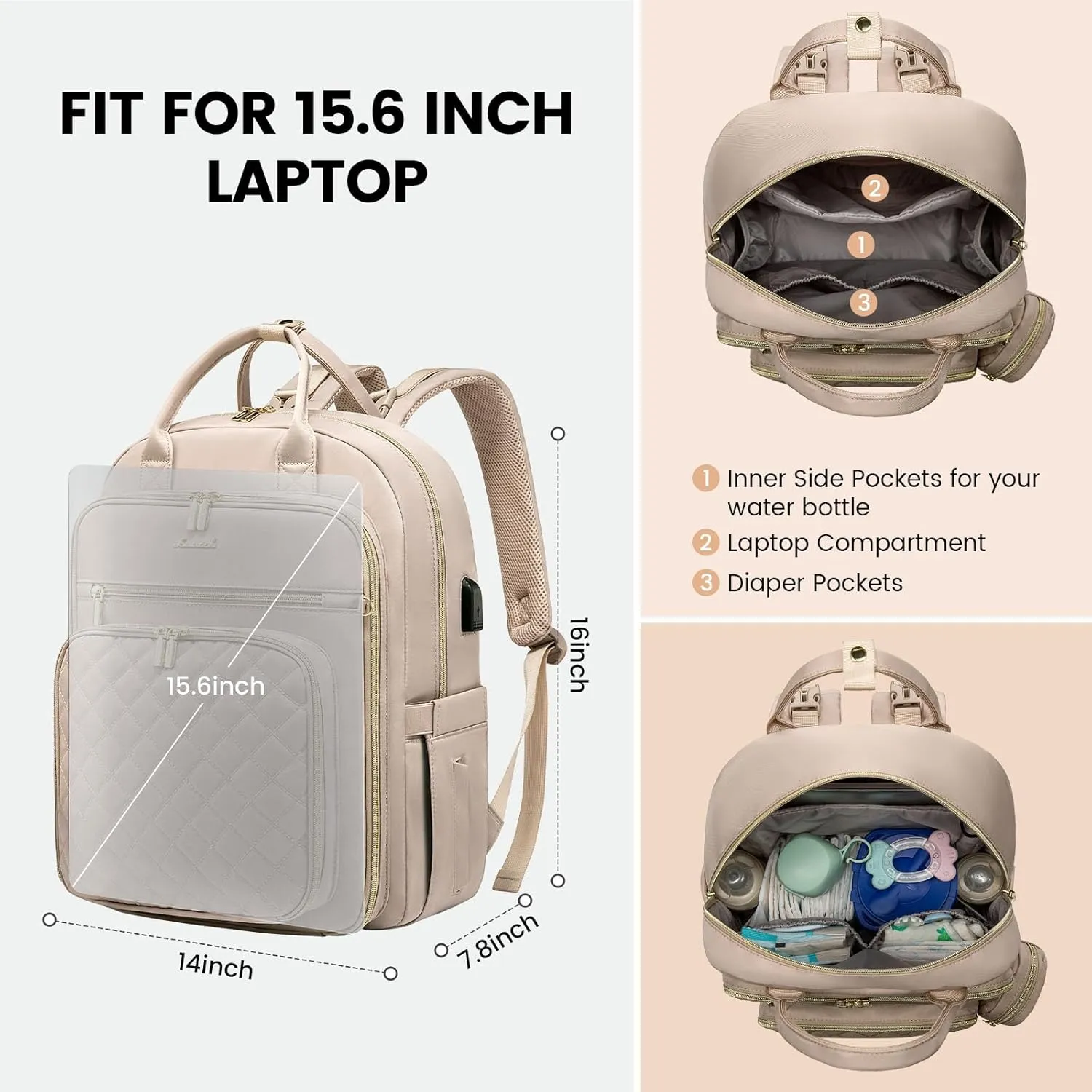 LOVEVOOK Baby Diaper Bag,Waterproof Diaper Backpack with USB Charging Port for Baby, Large Capacity Fit for 15.6 inch Laptop,Nude