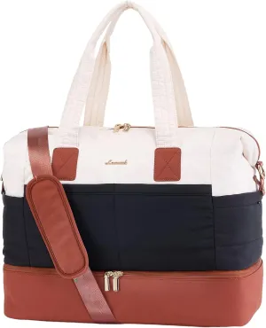 LOVEVOOK Travel Duffle Bag, Women's Personal Item Travel Bag with Shoe Compartment and Toiletry Bag, TSA-Approved Carry-On, Weekender Overnight Bags for Travel (Black-Brown, 21.5Inch)