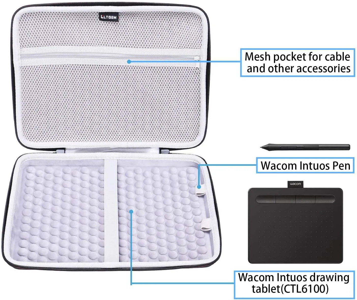 LTGEM Tablet Case for Wacom Intuos Medium Bluetooth Graphics Drawing Tablet fits Model # CTL6100 - Hard Protective Cases for Travel and Home Storage