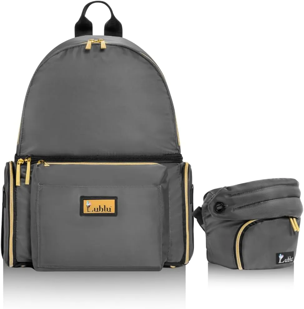 Lublu Diaper Bag Backpack with Baby Carrier, Hip Seat, Changing Pad, Insulated Pockets, Black or Grey