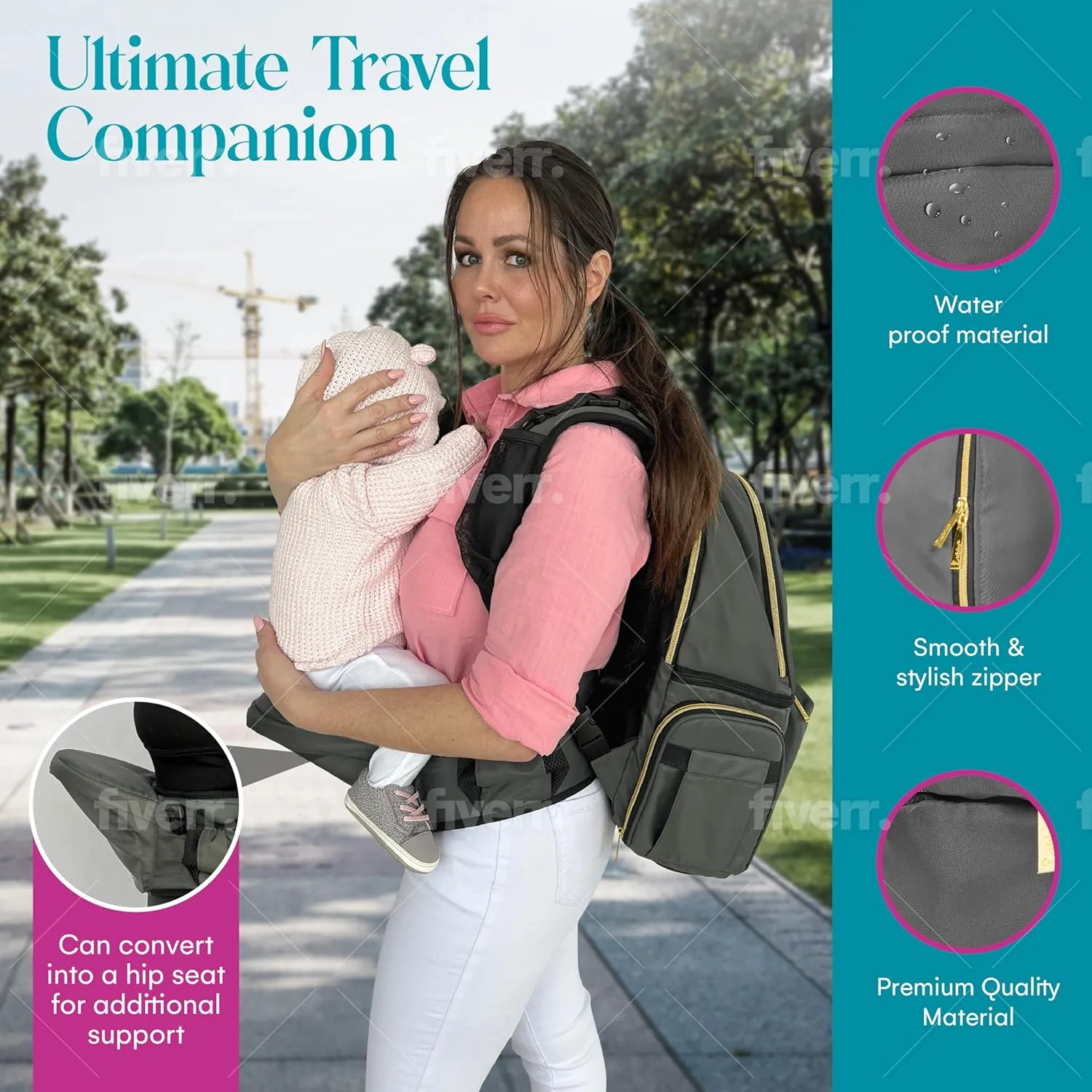 Lublu Diaper Bag Backpack with Baby Carrier, Hip Seat, Changing Pad, Insulated Pockets, Black or Grey