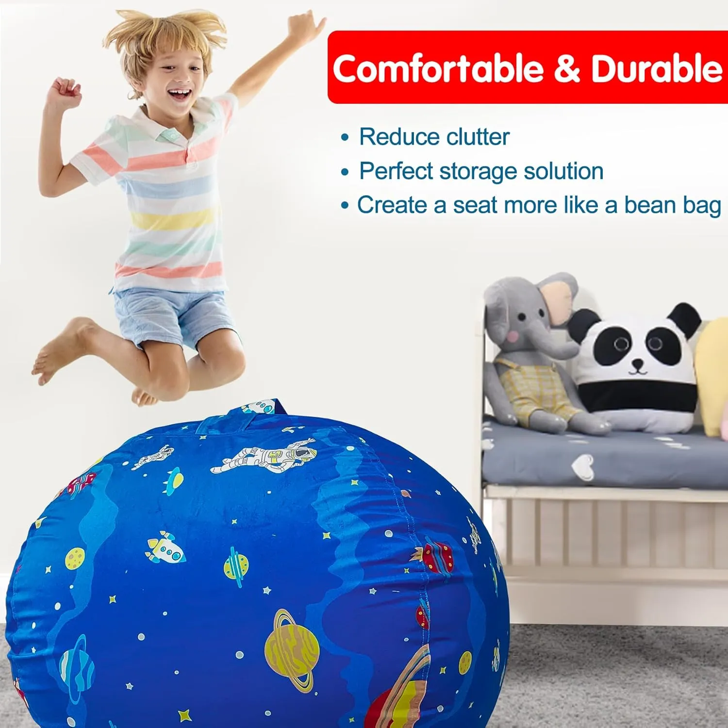 Lukeight Stuffed Animal Storage Bean Bag Chair Cover (No Filling) for Kids, Zipper Beanbag Chair Cover for Organizing Toddler and Kids' Rooms Plush Toys (Outer Space Velvet, Large)