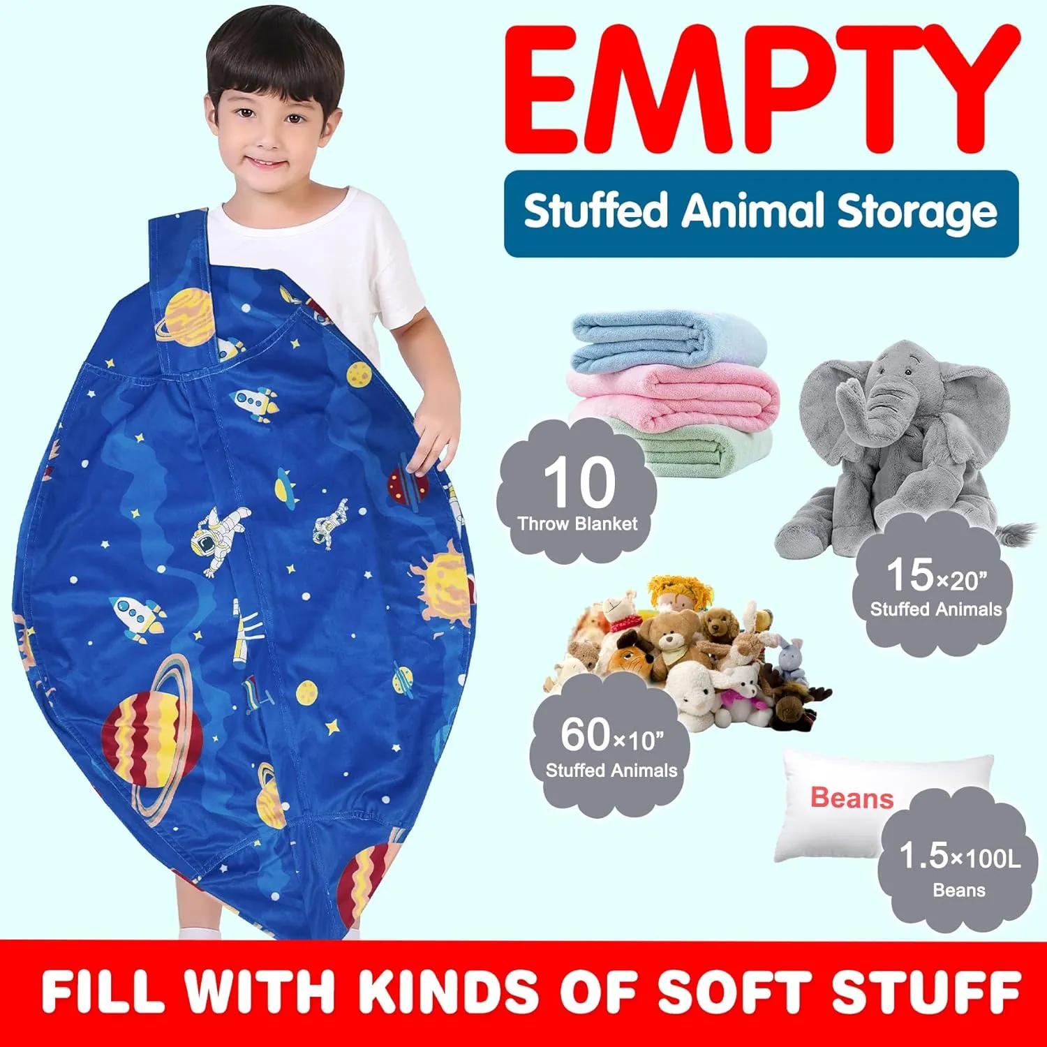 Lukeight Stuffed Animal Storage Bean Bag Chair Cover (No Filling) for Kids, Zipper Beanbag Chair Cover for Organizing Toddler and Kids' Rooms Plush Toys (Outer Space Velvet, Large)