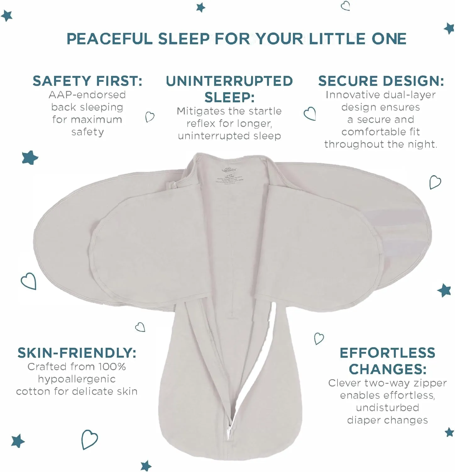 LullaBaby "Double Dream Swaddle: Exclusive Dual Wing Design, Pediatrician-Endorsed, Ultra-Soft Cotton, 0-2 Months, 6-14 lbs - White Sand