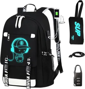 Luminous Pattern Travel Laptop Backpack - Adjustable Shoulder Strap Waterproof Black Backpack With Usb Charging Port & Headphone Port School Backpack Includes Pencil Bag,combination Lock