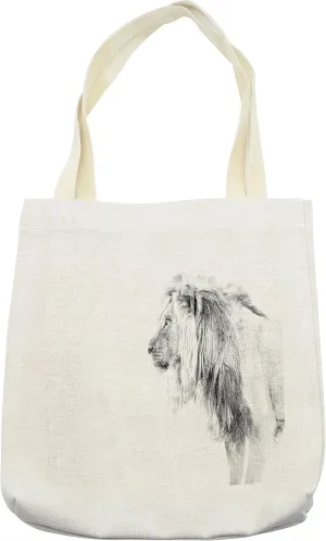 Lunarable Lion Tote Bag, Black and White Hand Drawn Lion Surveying for Prey Majestic Animal Royal Beast King, Cloth Linen Reusable Bag for Shopping Books Beach and More, 16.5" X 14", Cream