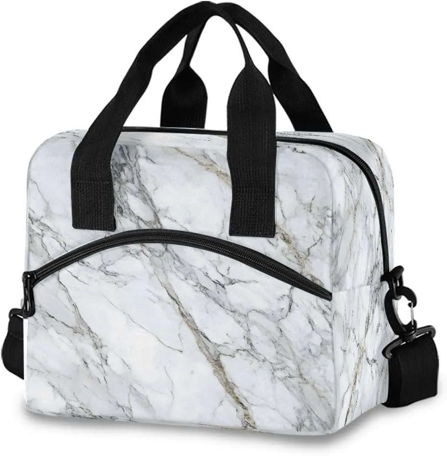 Lunch Bag for Kids White Marble with Hints Of Black Pattern Cooler Lunch Box Large Capacity Lunch Organizer for Boys Girls