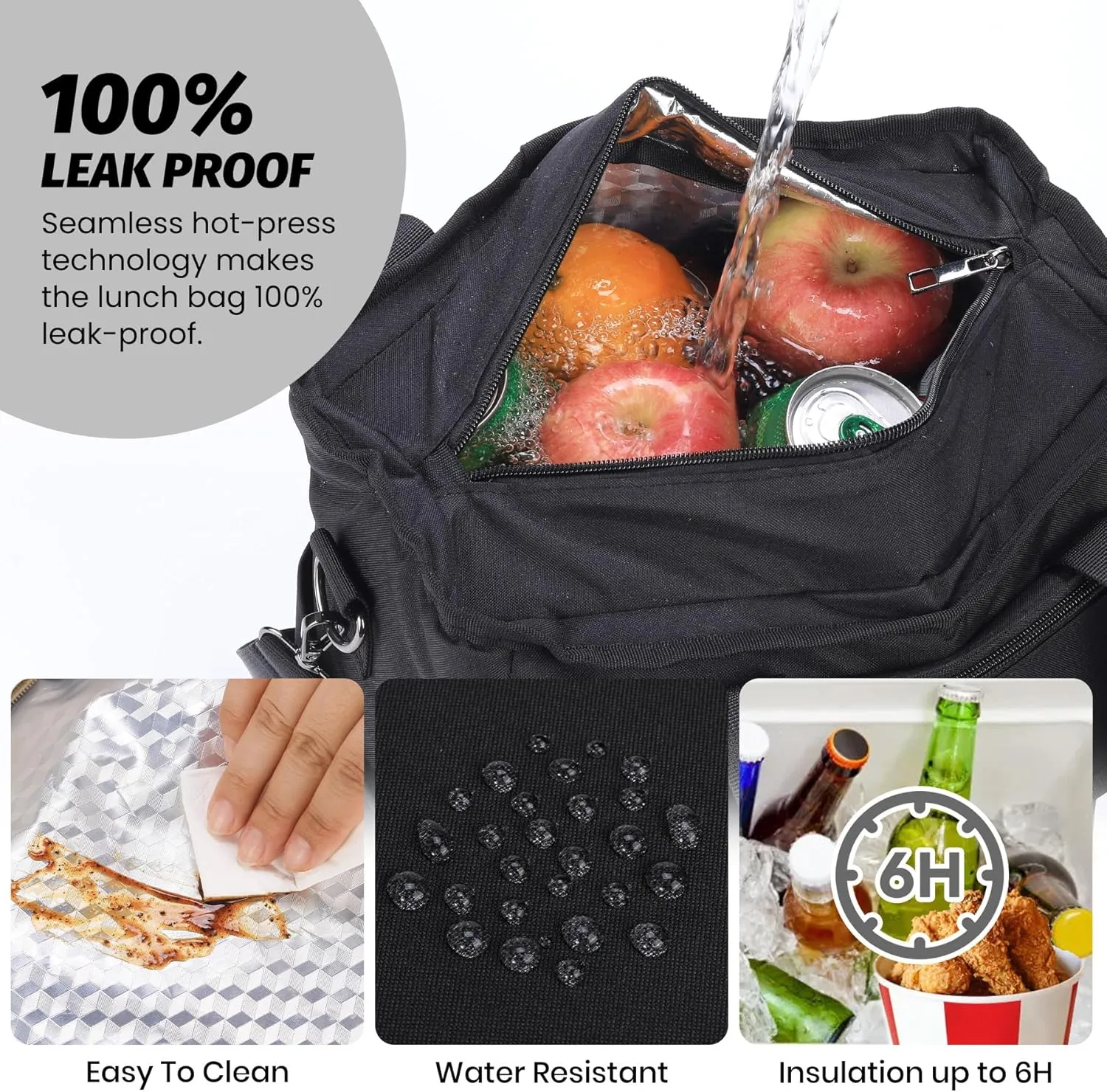 Lunch Box for Women Men, Lunch Bag Women, Leakproof Insulated Lunch Tote with Shoulder Strap Reusable Large Adult Lunch Cooler Tote Bag for Work(Black,16.2L)