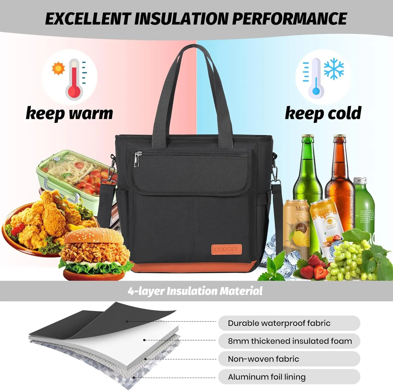 Lunch Box for Women Men, Lunch Bag Women, Leakproof Insulated Lunch Tote with Shoulder Strap Reusable Large Adult Lunch Cooler Tote Bag for Work(Black,16.2L)