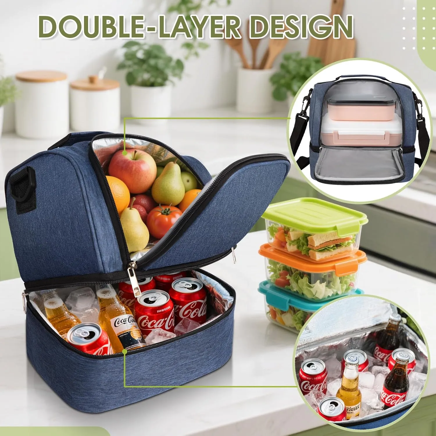Lunch Box Lunch Bag for Women Men Reusable Insulated Lunch Bag Women Lunch Cooler Tote Bags with Adjustable Shoulder Strap for Office Work Picnic Travel, Navy Blue