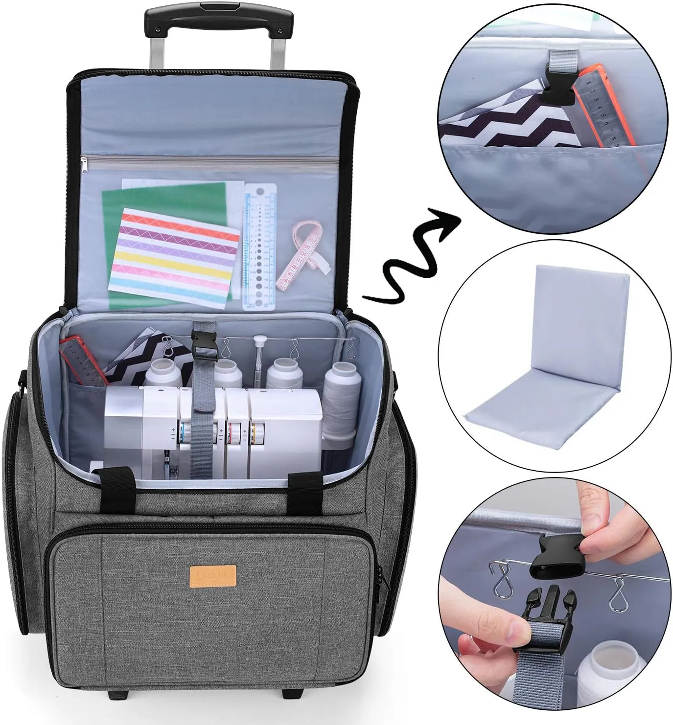 LUXJA Serger Case with Detachable Dolly, Bag with Removable Padding Pad (Fit for Most Standard Machines), Gray
