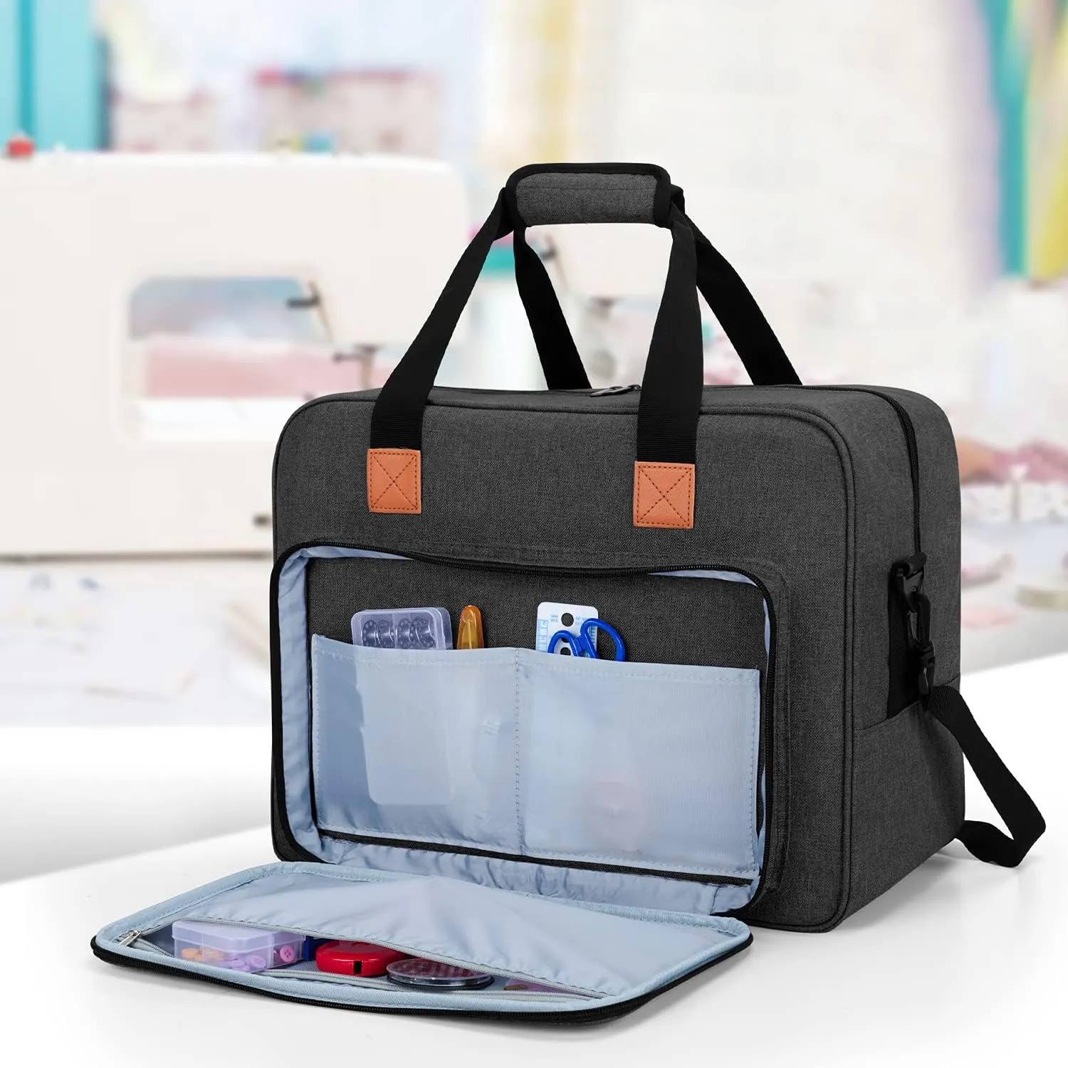 LUXJA Sewing Machine Bag, Portable Tote Bag Compatible with Most Singer, Brother Sewing Machines and Extra Sewing Accessories, Black
