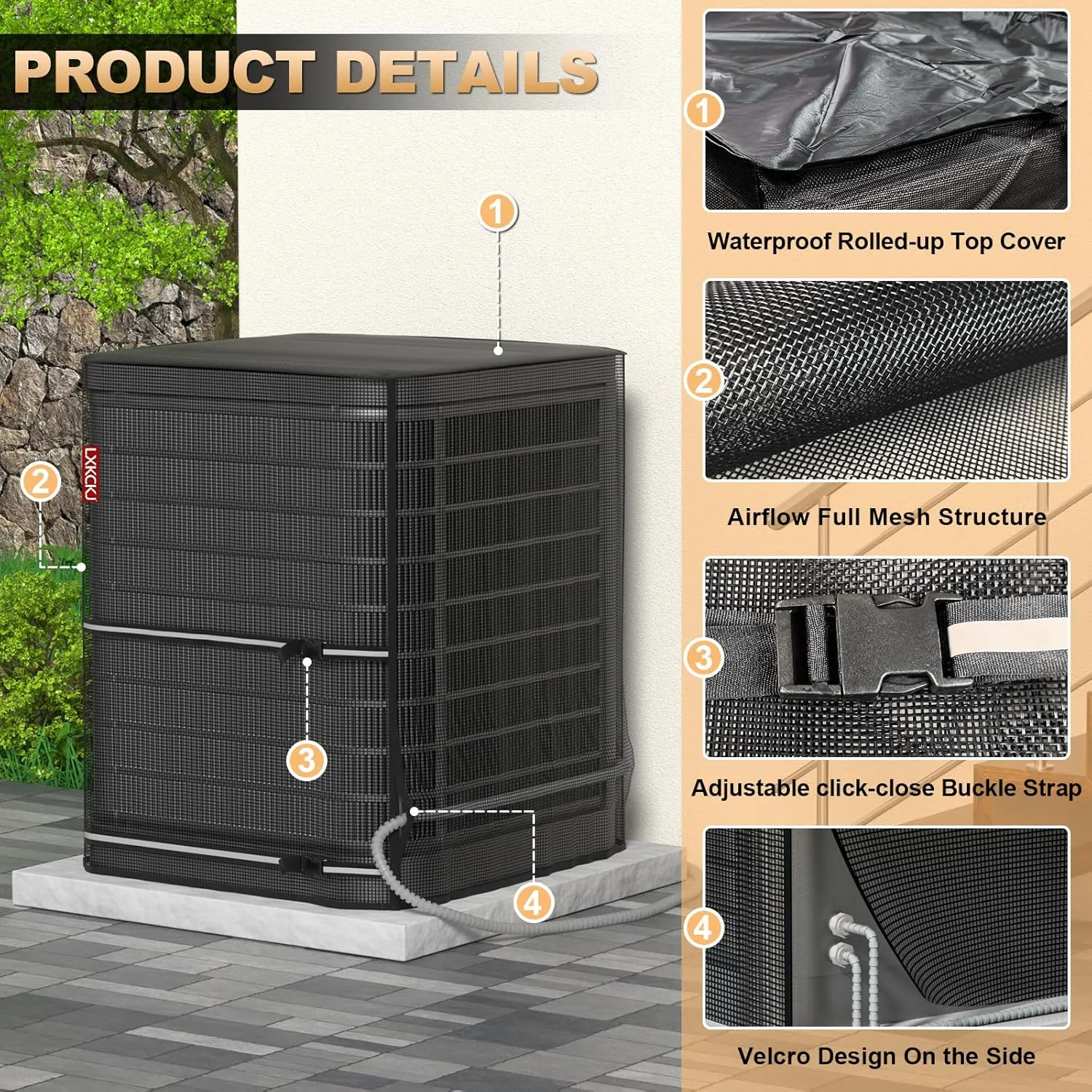 LXKCKJ Full Mesh Top Air Conditioner Cover for Outside Units- 2 in 1 Central Air conditioner Cover with 420D Waterproof Fabric and Textilene, Outdoor AC Covers Defender (Black-32x32x36)