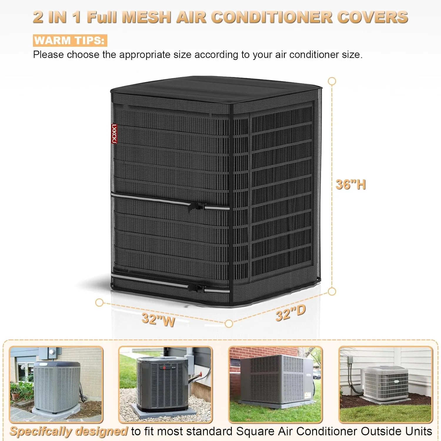 LXKCKJ Full Mesh Top Air Conditioner Cover for Outside Units- 2 in 1 Central Air conditioner Cover with 420D Waterproof Fabric and Textilene, Outdoor AC Covers Defender (Black-32x32x36)