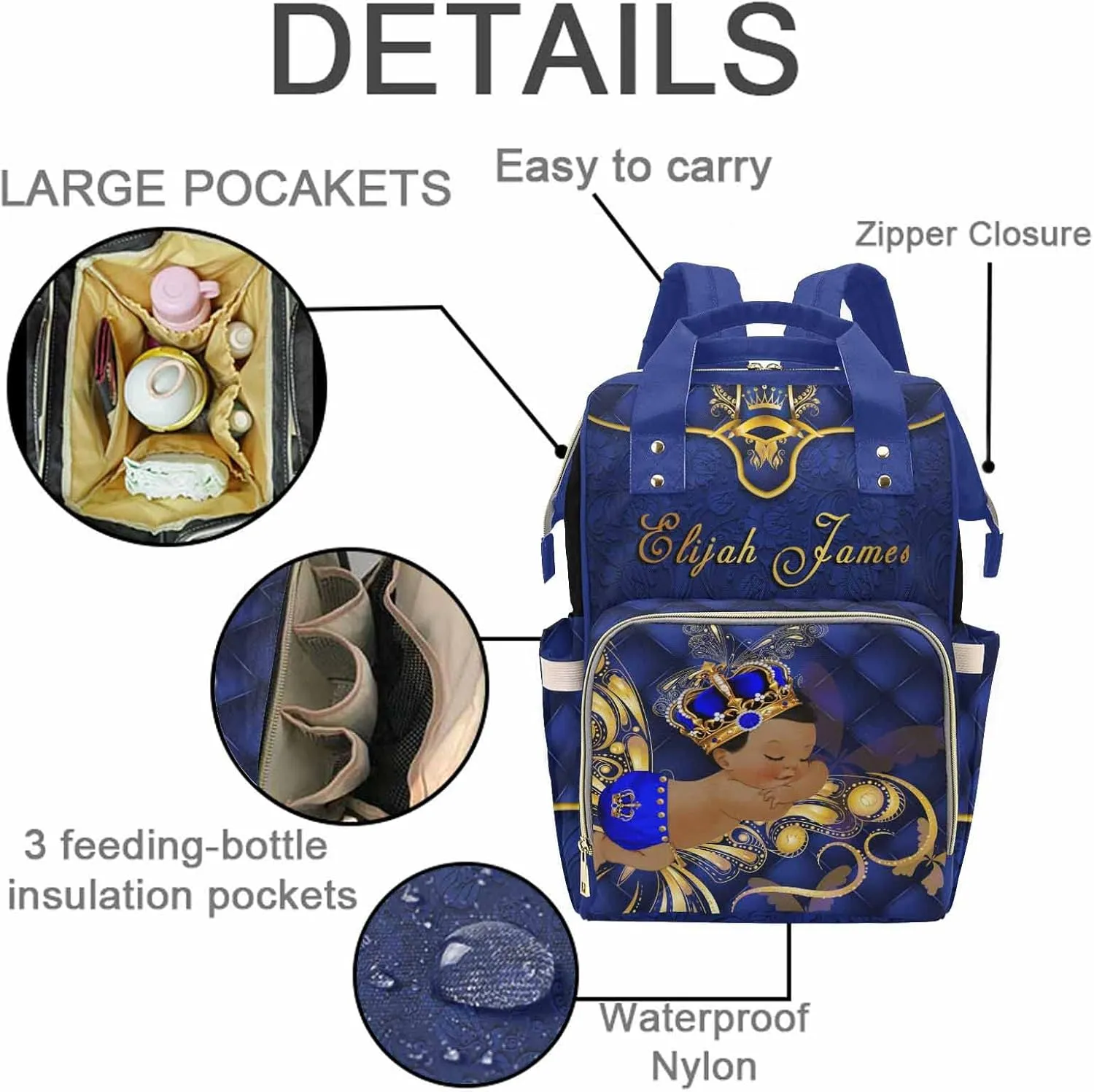 M YESCUSTOM Custom Blue Diaper Bag Boys Baby Backpack Personalized Mommy Nursing Bag with Name Customized Casual Backpack for Travel Birthday Gift