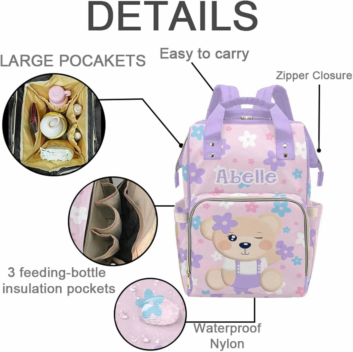 M YESCUSTOM Custom Diaper Bag for Women Personalized Flower Baby Bag Cartoon Bear Design Customized Mom Travel Backpack