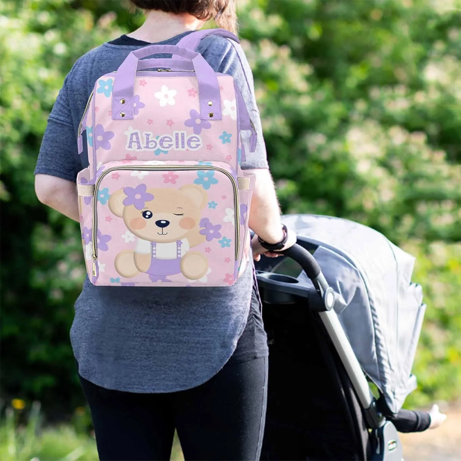 M YESCUSTOM Custom Diaper Bag for Women Personalized Flower Baby Bag Cartoon Bear Design Customized Mom Travel Backpack
