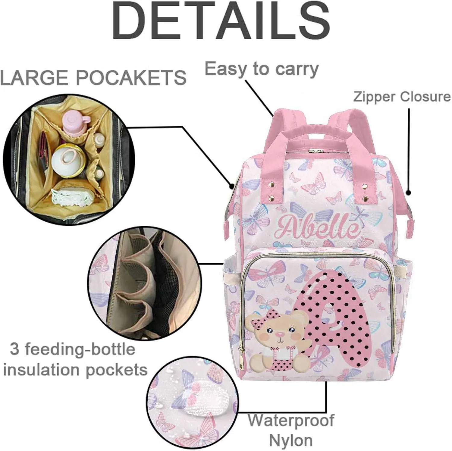 M YESCUSTOM Customized Diaper Bags for Women Personalized Name Letter Daby Bag Backpack for Women Mom Travel Backpack Pink