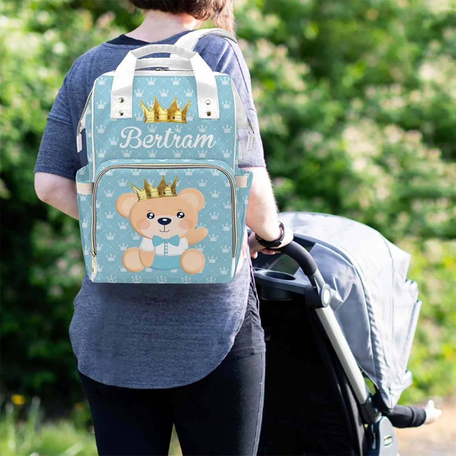 M YESCUSTOM Diaper Bag Custom Name Personalized Crown Diaper Bag with Cartoon Prince Bear Suits for Women Travel Outdoor Use Light Blue