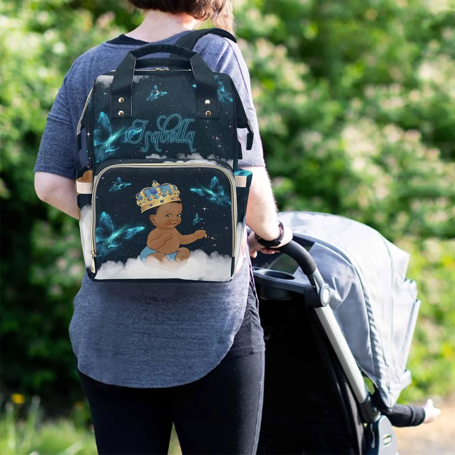 M YESCUSTOM Personalized African Men Diaper Bag with Blue Butterfly Custom Nylon Name Mommy Nursing Backpack Nappy Daypack with Large Capacity for Travel Holiday Gift for Women
